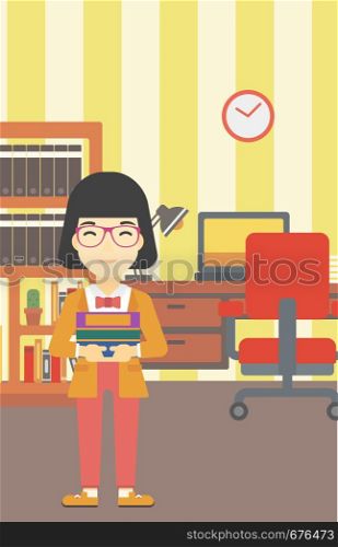 An asian young female student holding pile of books. Woman with pile of books in hands at home. Smiling student with stack of books. Vector flat design illustration. Vertical layout.. Woman holding pile of books vector illustration.