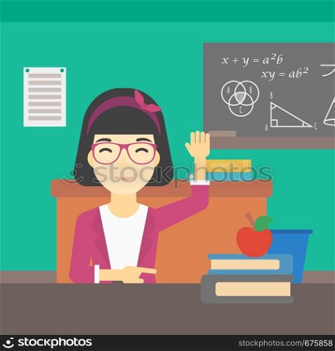 An asian young female student raising hand in the classroom for an answer. Female student sitting at the table with raised hand. Vector flat design illustration. Square layout.. Student raising hand in class for an answer.