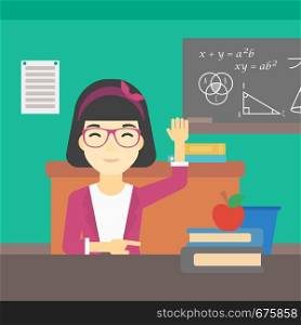 An asian young female student raising hand in the classroom for an answer. Female student sitting at the table with raised hand. Vector flat design illustration. Square layout.. Student raising hand in class for an answer.
