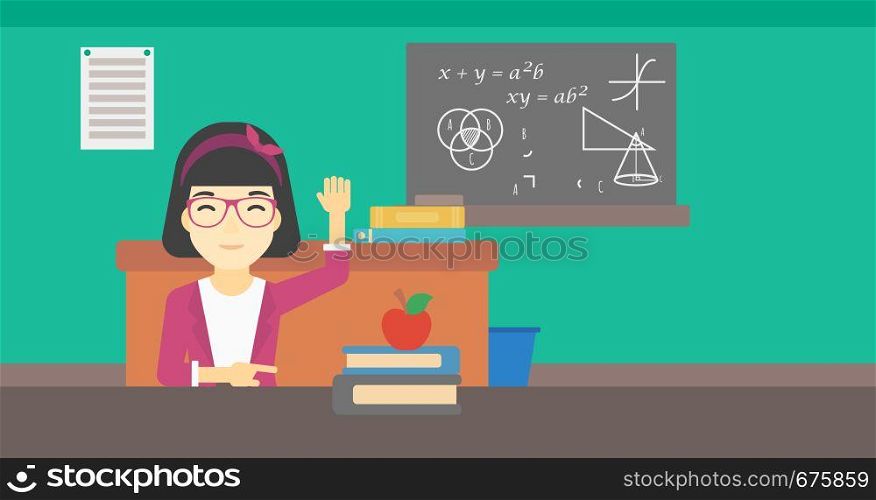 An asian young female student raising hand in the classroom for an answer. Female student sitting at the table with raised hand. Vector flat design illustration. Horizontal layout.. Student raising hand in class for an answer.