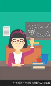 An asian young female student raising hand in the classroom for an answer. Female student sitting at the table with raised hand. Vector flat design illustration. Vertical layout.. Student raising hand in class for an answer.