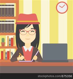An asian young female student sitting at the desk with laptop. Student using laptop at home and writing notes. Student working on laptop. Vector flat design illustration. Square layout.. Student using laptop for education.