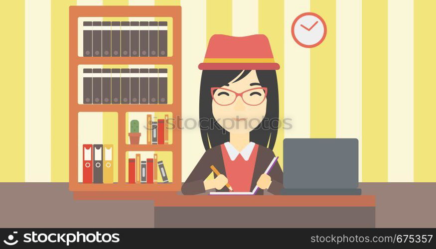 An asian young female student sitting at the desk with laptop. Student using laptop at home and writing notes. Student working on laptop. Vector flat design illustration. Horizontal layout.. Student using laptop for education.