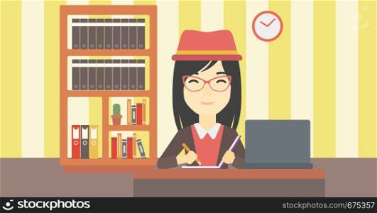 An asian young female student sitting at the desk with laptop. Student using laptop at home and writing notes. Student working on laptop. Vector flat design illustration. Horizontal layout.. Student using laptop for education.