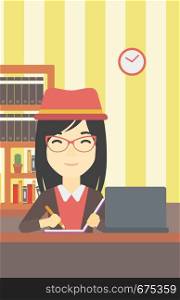 An asian young female student sitting at the desk with laptop. Student using laptop at home and writing notes. Student working on laptop. Vector flat design illustration. Vertical layout.. Student using laptop for education.