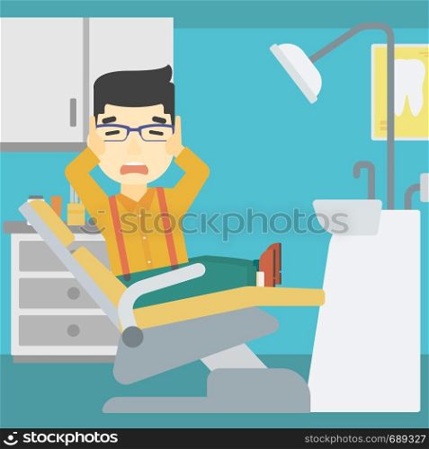 An asian young frightened patient at dentist office. Scared young man in dental clinic. Afraid man sitting in dental chair. Vector flat design illustration. Square layout.. Scared patient in dental chair vector illustration