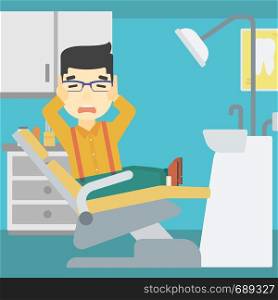 An asian young frightened patient at dentist office. Scared young man in dental clinic. Afraid man sitting in dental chair. Vector flat design illustration. Square layout.. Scared patient in dental chair vector illustration