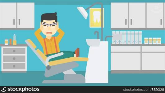 An asian young frightened patient at dentist office. Scared young man in dental clinic. Afraid man sitting in dental chair. Vector flat design illustration. Horizontal layout.. Scared patient in dental chair vector illustration