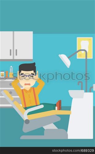 An asian young frightened patient at dentist office. Scared young man in dental clinic. Afraid man sitting in dental chair. Vector flat design illustration. Vertical layout.. Scared patient in dental chair vector illustration