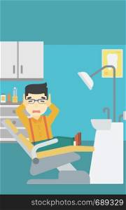 An asian young frightened patient at dentist office. Scared young man in dental clinic. Afraid man sitting in dental chair. Vector flat design illustration. Vertical layout.. Scared patient in dental chair vector illustration