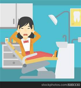 An asian young frightened patient at dentist office. Scared young woman in dental clinic. Afraid woman sitting in dental chair. Vector flat design illustration. Square layout.. Scared patient in dental chair vector illustration
