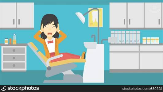 An asian young frightened patient at dentist office. Scared young woman in dental clinic. Afraid woman sitting in dental chair. Vector flat design illustration. Horizontal layout.. Scared patient in dental chair vector illustration