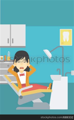 An asian young frightened patient at dentist office. Scared young woman in dental clinic. Afraid woman sitting in dental chair. Vector flat design illustration. Vertical layout.. Scared patient in dental chair vector illustration