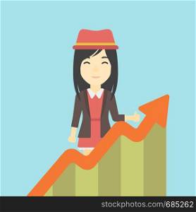 An asian young happy business woman standing behind growing chart. Successful business concept. Vector flat design illustration. Square layout.. Business woman with growing chart.
