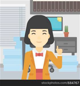 An asian young happy business woman standing in the office and pointing up with her forefinger. Business idea concept. Vector flat design illustration. Square layout.. Businesswoman having business idea.