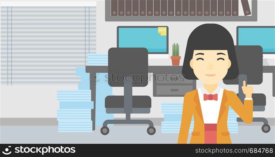 An asian young happy business woman standing in the office and pointing up with her forefinger. Business idea concept. Vector flat design illustration. Horizontal layout.. Businesswoman having business idea.