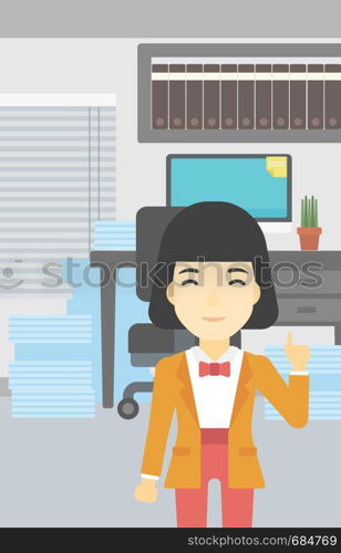 An asian young happy business woman standing in the office and pointing up with her forefinger. Business idea concept. Vector flat design illustration. Vertical layout.. Businesswoman having business idea.