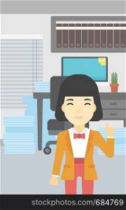 An asian young happy business woman standing in the office and pointing up with her forefinger. Business idea concept. Vector flat design illustration. Vertical layout.. Businesswoman having business idea.
