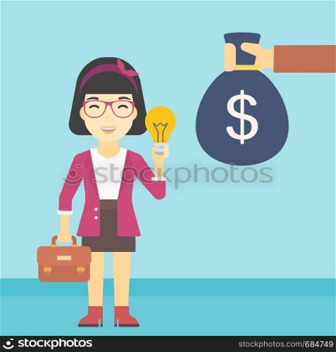 An asian young happy business woman with briefcase exchanging her idea bulb to money bag. Successful business idea concept. Vector flat design illustration. Square layout.. Successful business idea vector illustration.