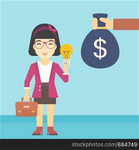 An asian young happy business woman with briefcase exchanging her idea bulb to money bag. Successful business idea concept. Vector flat design illustration. Square layout.. Successful business idea vector illustration.