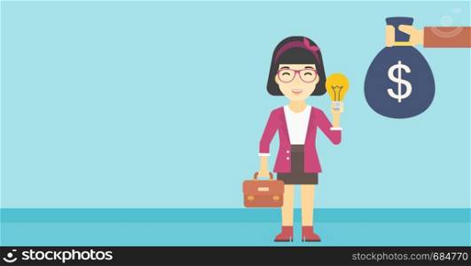 An asian young happy business woman with briefcase exchanging her idea bulb to money bag. Successful business idea concept. Vector flat design illustration. Horizontal layout.. Successful business idea vector illustration.