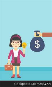 An asian young happy business woman with briefcase exchanging her idea bulb to money bag. Successful business idea concept. Vector flat design illustration. Vertical layout.. Successful business idea vector illustration.