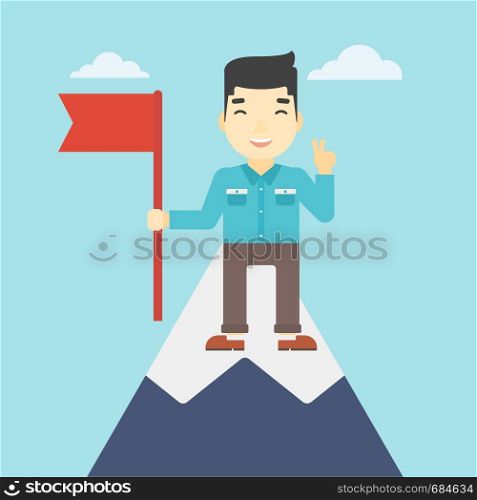 An asian young happy businessman holding a red flag on the top of the mountain. Successful business concept. Vector flat design illustration. Square layout.. Cheerful leader businessman vector illustration.