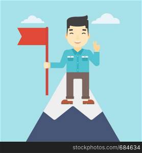 An asian young happy businessman holding a red flag on the top of the mountain. Successful business concept. Vector flat design illustration. Square layout.. Cheerful leader businessman vector illustration.