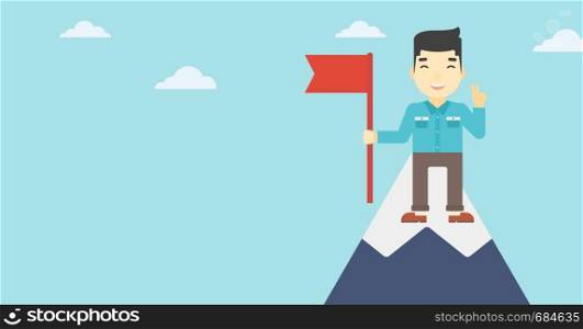 An asian young happy businessman holding a red flag on the top of the mountain. Successful business concept. Vector flat design illustration. Horizontal layout.. Cheerful leader businessman vector illustration.