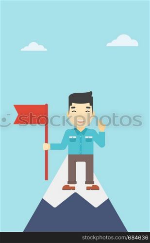 An asian young happy businessman holding a red flag on the top of the mountain. Successful business concept. Vector flat design illustration. Vertical layout.. Cheerful leader businessman vector illustration.