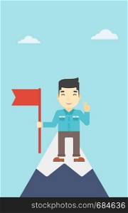 An asian young happy businessman holding a red flag on the top of the mountain. Successful business concept. Vector flat design illustration. Vertical layout.. Cheerful leader businessman vector illustration.