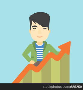 An asian young happy businessman standing behind growing chart on a blue background. Successful business concept. Vector flat design illustration. Square layout.. Businessman with growing chart.