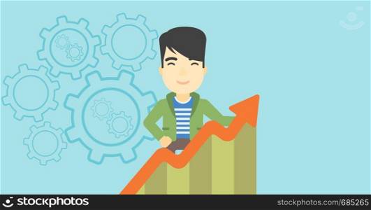 An asian young happy businessman standing behind growing chart on a blue background with cogwheels. Successful business concept. Vector flat design illustration. Horizontal layout.. Businessman with growing chart.