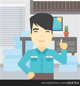 An asian young happy businessman standing in the office and pointing up with his forefinger. Business idea concept. Vector flat design illustration. Square layout.. Businessman having business idea.