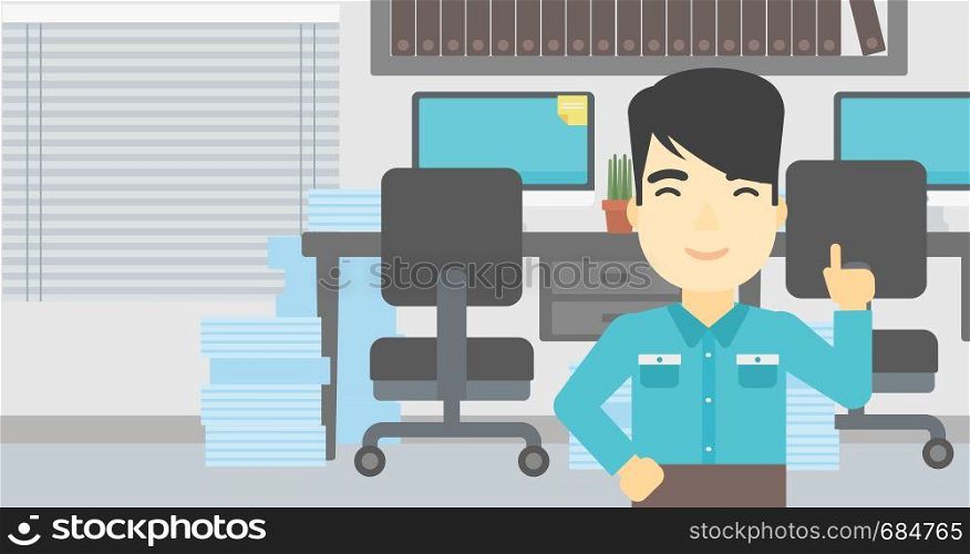 An asian young happy businessman standing in the office and pointing up with his forefinger. Business idea concept. Vector flat design illustration. Horizontal layout.. Businessman having business idea.