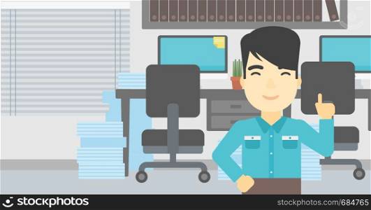 An asian young happy businessman standing in the office and pointing up with his forefinger. Business idea concept. Vector flat design illustration. Horizontal layout.. Businessman having business idea.