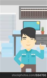 An asian young happy businessman standing in the office and pointing up with his forefinger. Business idea concept. Vector flat design illustration. Vertical layout.. Businessman having business idea.