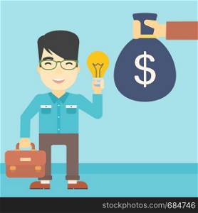 An asian young happy businessman with briefcase exchanging his idea bulb to money bag. Successful business idea concept. Vector flat design illustration. Square layout.. Successful business idea vector illustration.