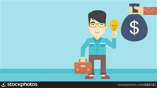 An asian young happy businessman with briefcase exchanging his idea bulb to money bag. Successful business idea concept. Vector flat design illustration. Horizontal layout.. Successful business idea vector illustration.