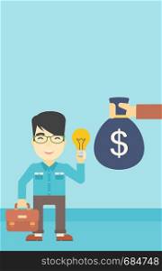 An asian young happy businessman with briefcase exchanging his idea bulb to money bag. Successful business idea concept. Vector flat design illustration. Vertical layout.. Successful business idea vector illustration.