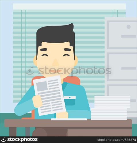 An asian young human resources manager reading application portfolios in the office. Concept of recruitment of staff, job interview. Vector flat design illustration. Square layout.. HR manager checking files vector illustration.