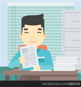 An asian young human resources manager reading application portfolios in the office. Concept of recruitment of staff, job interview. Vector flat design illustration. Square layout.. HR manager checking files vector illustration.