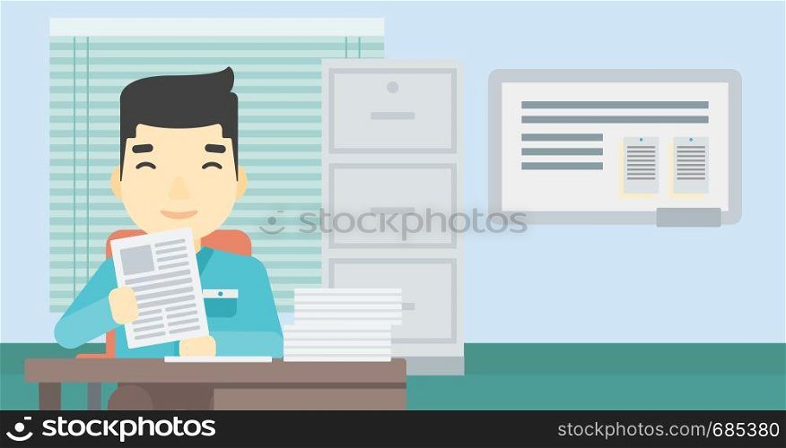 An asian young human resources manager reading application portfolios in the office. Concept of recruitment of staff, job interview. Vector flat design illustration. Horizontal layout.. HR manager checking files vector illustration.