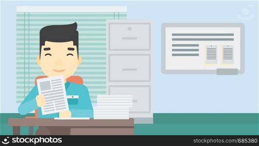 An asian young human resources manager reading application portfolios in the office. Concept of recruitment of staff, job interview. Vector flat design illustration. Horizontal layout.. HR manager checking files vector illustration.