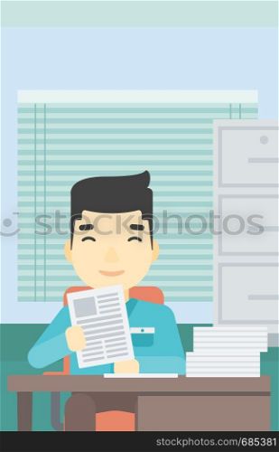 An asian young human resources manager reading application portfolios in the office. Concept of recruitment of staff, job interview. Vector flat design illustration. Vertical layout.. HR manager checking files vector illustration.