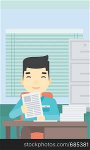 An asian young human resources manager reading application portfolios in the office. Concept of recruitment of staff, job interview. Vector flat design illustration. Vertical layout.. HR manager checking files vector illustration.