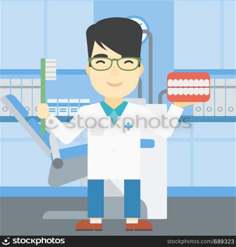 An asian young male dentist holding dental jaw model and a toothbrush in doctor office. Male dentist showing dental jaw model and toothbrush. Vector flat design illustration. Square layout.. Dentist with dental jaw model and toothbrush.