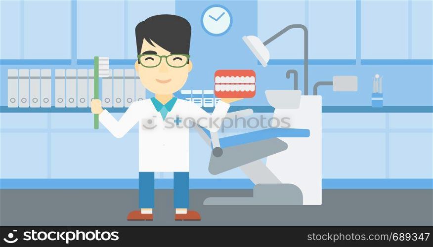 An asian young male dentist holding dental jaw model and a toothbrush in doctor office. Male dentist showing dental jaw model and toothbrush. Vector flat design illustration. Horizontal layout.. Dentist with dental jaw model and toothbrush.