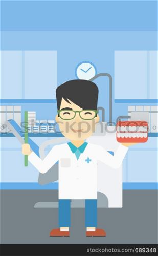 An asian young male dentist holding dental jaw model and a toothbrush in doctor office. Male dentist showing dental jaw model and toothbrush. Vector flat design illustration. Vertical layout.. Dentist with dental jaw model and toothbrush.