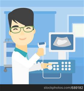 An asian young male doctor with ultrasound scanner in the hands. Male doctor working on modern ultrasound equipment at medical office. Vector flat design illustration. Square layout.. Male ultrasound doctor vector illustration.
